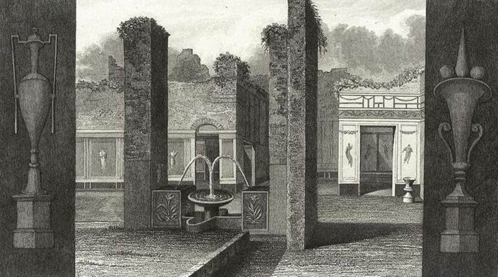 VI.8.20 Pompeii. Fountain in the fullery of L. Veranius Hypsaeus, drawing by Gell.
Between the two pillars at the south end of the east side of the portico there was a fountain.
This was unlike any other fountain found at Pompeii so far.
It consisted of a marble basin supported by a small, fluted pedestal which stood in a pool of unusual shape.
Water jetted from pipes (concealed in the projection –a low wall attached to each pillar) falling into the basin.
It then overflowed into the pool.
On the left pillar was a painting of a river god, on the opposite pillar a painting of standing female figure.
There was also a painting of Bacchus and of Apollo on the low walls flanking the pillars.
There was also a painting of an altar with two large serpents on one of the pillars.
On three sides of the corner (left) pillar was a remarkable series of four paintings which pictured in detail the various processes in the fulling industry.
See Jashemski, W. F., 1993. The Gardens of Pompeii, Volume II: Appendices. New York: Caratzas. (p.134, figs 145 to 148).
According to Boyce –
“On one of two pilasters which border a kind of fountain at the east end of peristyle, are painted the figure of Sarnus, resting his elbow upon an overturned jar, and two serpents confronted at an altar. Whether the figures of Bacchus, Apollo and Venus Pompeiana (?) painted on the other faces of these pilasters are to be regarded as patron deities of the fullonica, or as decorative paintings left over from the time when the peristyle was part of a house, is uncertain.”
See Boyce G. K., 1937. Corpus of the Lararia of Pompeii. Rome: MAAR 14, (p.49, no. 171).
According to Kuivalainen – 
“On the south pillar, depictions of a fullonica (now in MANN). On the east wall, a young standing Bacchus with a panther.”
See Kuivalainen, I., 2021. The Portrayal of Pompeian Bacchus. Commentationes Humanarum Litterarum 140. Helsinki: Finnish Society of Sciences and Letters, p.96, B4, as well as p.111, C8 for another young Bacchus with a panther in the same area, on the same wall.