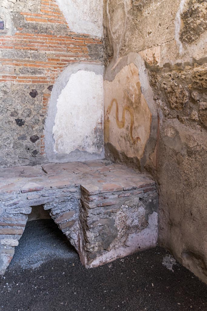 VI.9.7 Pompeii. January 2023. Room 4, painted lararium in north-west corner of kitchen with hearth.
Two serpents diagonally approach a round altar, one serpent from each side of the corner of the room.
On the north wall is a serpent and round altar.  Photo courtesy of Johannes Eber.
See Fröhlich, T., 1991. Lararien und Fassadenbilder in den Vesuvstädten. Mainz: von Zabern. (p277: L66).