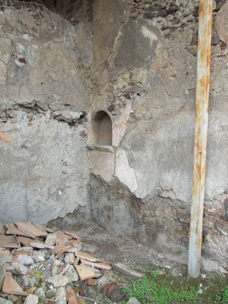 VI.9.7 Pompeii.  March 2009. Room 15, north wall of cubiculum with arched niche. According to Boyce,  “in one of the rooms (now in ruins) behind the atrium entered at no.7 in the north wall is an arched niche with projecting floor”. See Boyce G. K., 1937. Corpus of the Lararia of Pompeii. Rome: MAAR 14. (p.50, no.179)
