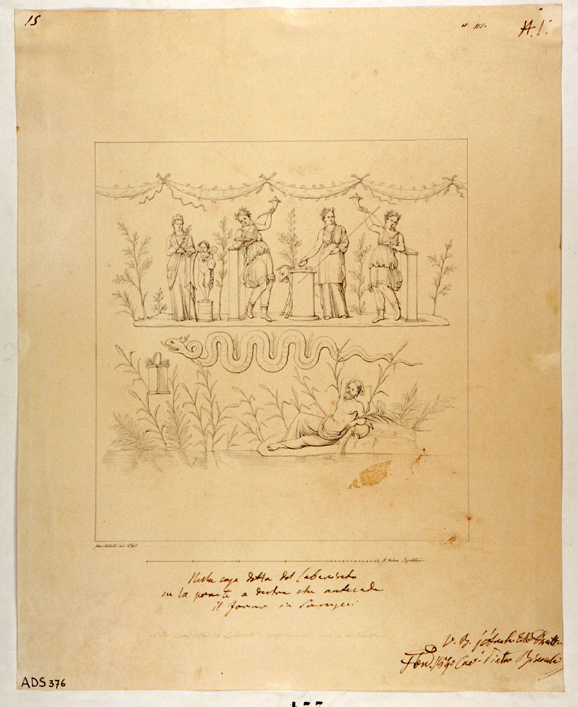 VI.11.9 Pompeii. Drawing by Giuseppe Abbate, 1840, showing household lararium on east wall of bakery 16.
Now in Naples Archaeological Museum. Inventory number ADS 376.
Photo © ICCD. https://www.catalogo.beniculturali.it
Utilizzabili alle condizioni della licenza Attribuzione - Non commerciale - Condividi allo stesso modo 2.5 Italia (CC BY-NC-SA 2.5 IT)
See Helbig, W., 1868. Wandgemälde der vom Vesuv verschütteten Städte Campaniens. Leipzig: Breitkopf und Härtel, (65).