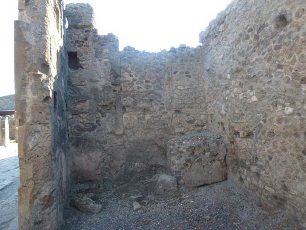 VI.12.6 Pompeii. June 2012. Looking towards west side of shop. Photo courtesy of Michael Binns. According to Boyce, in the south wall to the left of the entrance, was a rectangular niche (0.48x0.32, 0.25 deep). It was 1.65 above the floor.
See Boyce G. K., 1937. Corpus of the Lararia of Pompeii. Rome: MAAR 14. (p.52, no.192)