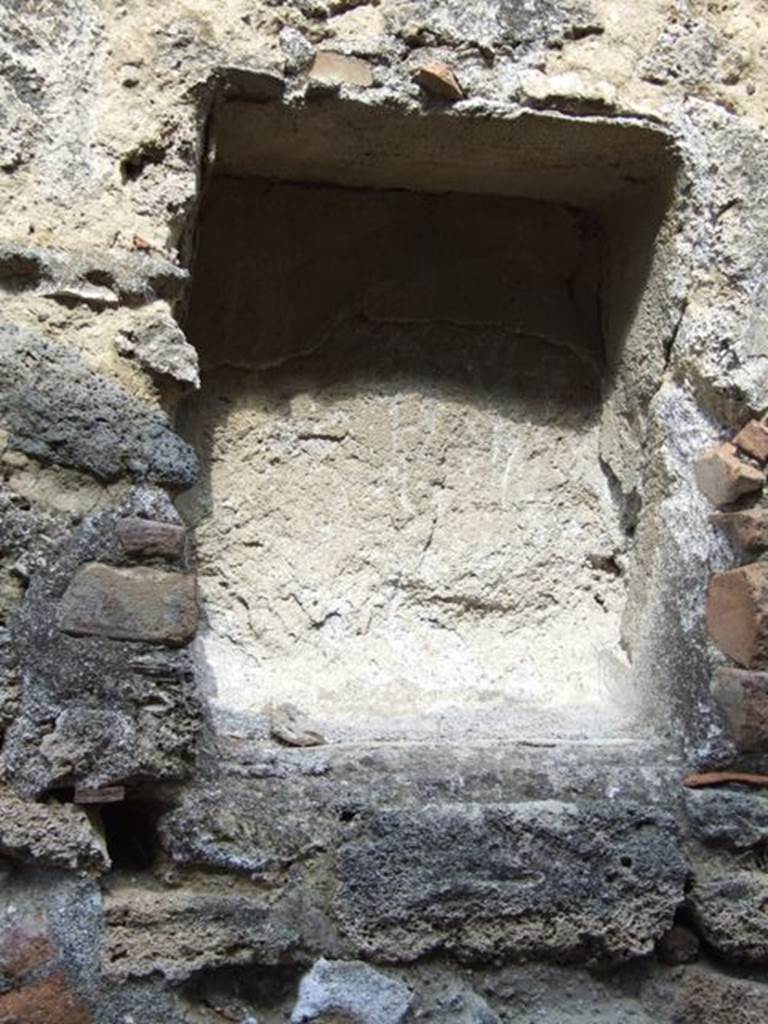 VI.14.20 Pompeii. March 2009. Room 18, niche on north wall of garden area.
According to Boyce, this rectangular niche (h.0.52, w.0.42, d.0.20, h. above floor 1.60) was found on the north wall of the peristyle.
He added a note that said – in the fullonica connected to this house a bronze statuette of Jupiter was found.
He was bearded, holding a thunderbolt in his left hand. On the base at his side stood an eagle.
See Giornale degli Scavi, N.S., III, 1876, 170.
See Boyce G. K., 1937. Corpus of the Lararia of Pompeii. Rome: MAAR 14. (p.53, no.200) 
See Giacobello, F., 2008. Larari Pompeiani: Iconografia e culto dei Lari in ambito domestico. Milano: LED Edizioni, (p.274 no.V52)