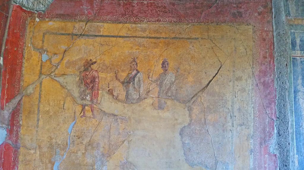 VI.16.7 Pompeii. December 2019. 
Room F, painting of the gods on the lararium on the south wall in the south-east corner of the peristyle. Photo courtesy of Giuseppe Ciaramella.