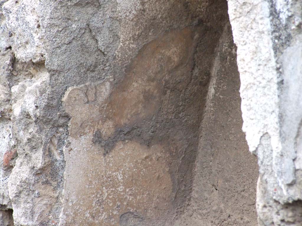 VII.1.39 Pompeii. December 2006. Detail of niche.
According to Boyce, apart from the above niche, there are also another two arched niches in a rear room.
In the west wall above a masonry podium (hearth ?), are two arched niches (that on the right: h.0.35, w.0.42, d.0.28; that on the left: h.0.50, w.0.48, d.0.26) at a height of 1.35 above the floor. The second of the niches is partially blocked by the south wall of the room. 
These were photographed by Nicolas Monteix and Stanley & Wilhelmina Jashemski, (below).
See Boyce G. K., 1937. Corpus of the Lararia of Pompeii. Rome: MAAR 14. (p.61.no.243).