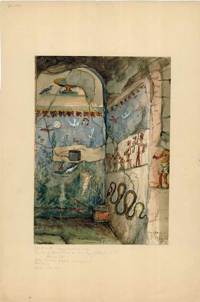 VII.2.14 Pompeii. May 1880. Looking towards west wall of garden room, with garden painting.
On the north wall was the lararium painting with serpent beneath.
On the side of the north wall was the painting of a man.
DAIR 83.123. Photo © Deutsches Archäologisches Institut, Abteilung Rom, Arkiv.