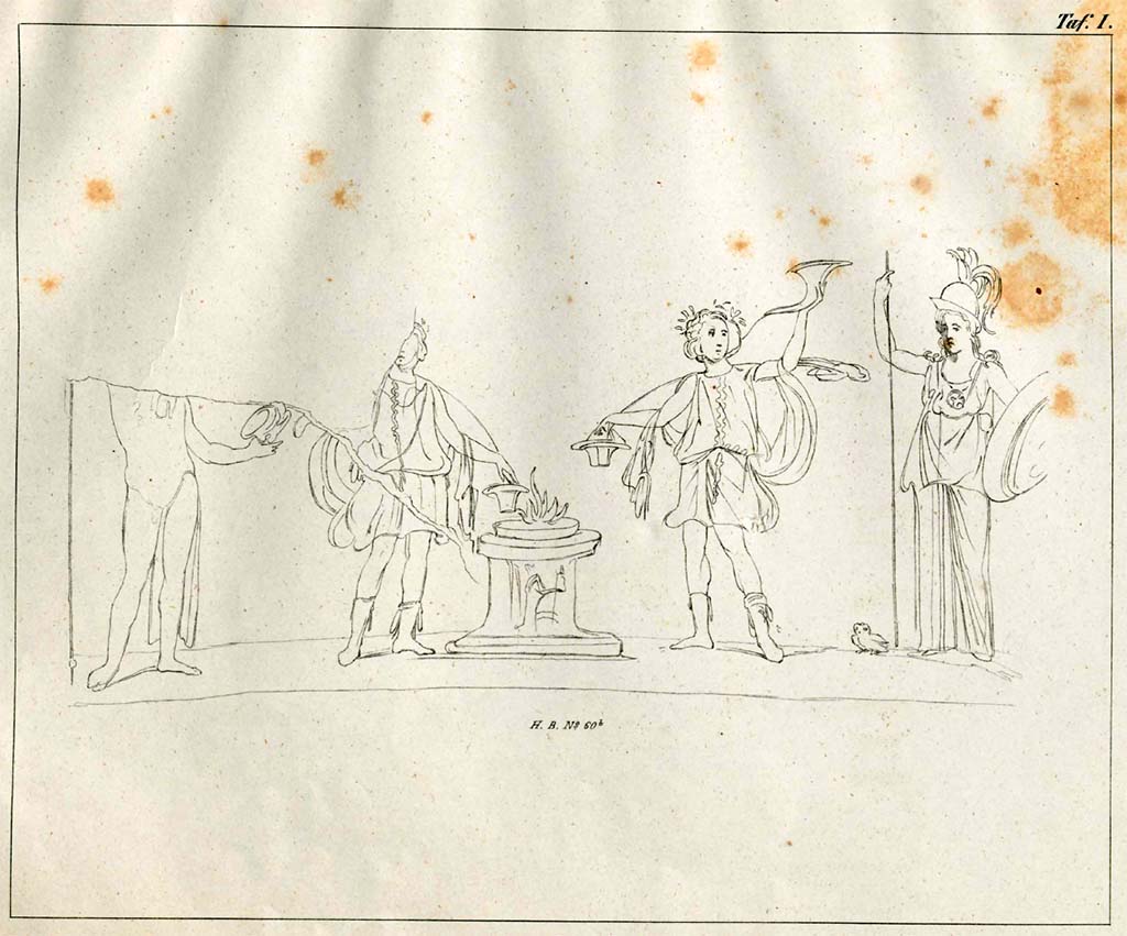 VII.2.14 Pompeii. 1868. North wall. Drawing by Helbig of upper lararium painting with two gods and two Lares.
See Helbig, W., 1868. Wandgemälde der vom Vesuv verschütteten Städte Campaniens. Leipzig: Breitkopf und Härtel, 60b, Taf. 1.