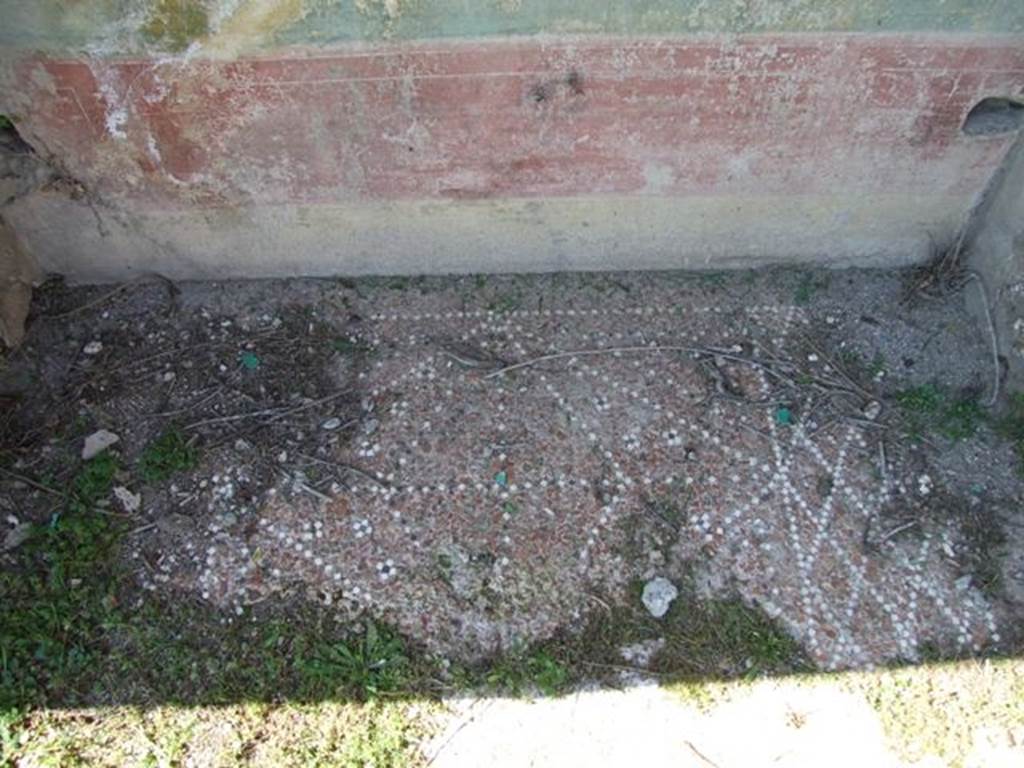 VII.2.16 Pompeii. March 2009. Decorative floor in lararium niche in west wall of portico. According to Boyce, along the west portico there were two large niches, one with wooden doors, the other recess for two large cupboards. On the ground before the one with wooden doors, were found the following bronze statuettes:
Fortuna wearing a turreted crown and holding a cornucopia and rudder.
Minerva wearing a helmet and holding a spear and patera.
Apollo with quiver on his shoulder holding a laurel branch and patera.
A wreathed Lar, standing on a base of lead.
The bust of a female figure from a herm.
Also found were other objects, among them gold earrings, a bronze bracelet, 373 pieces of coral and a small amphora of glass. There seemed to be a discrepancy as to the actual find spot, as Boyce remarks that on page 19 of the Giorn.Scavi, this is given as within the niche fitted with the wooden doors.
On page 26, it says found on the ground before it.  Fiorelli agrees with them being found on the ground before the niche.
Giorn.Scavi, N. S., I, 1868, pp.19, 26.
See Boyce G. K., 1937. Corpus of the Lararia of Pompeii. Rome: MAAR 14. (p. 62, no. 251)
See Pappalardo, U., 2001. La Descrizione di Pompei per Giuseppe Fiorelli (1875). Napoli: Massa Editore. (p. 81)
