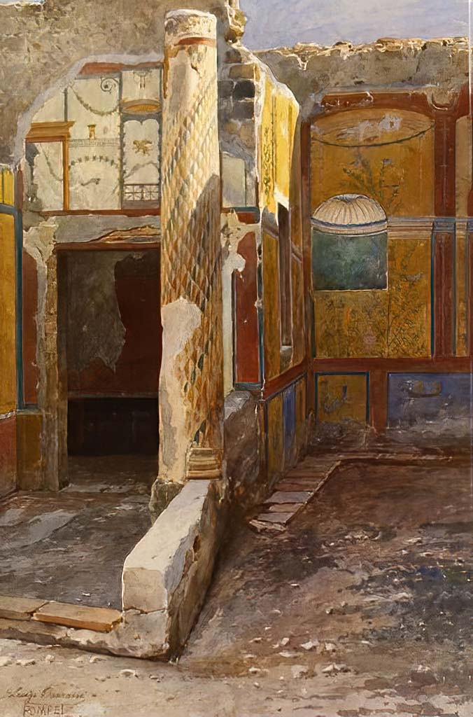 VII.2.25 Pompeii. Undated (before 1927) watercolour by Luigi Bazzani.
Looking east across garden area towards niche.
On the north side (left) was an open corridor onto the garden through a portico supported by a single column decorated with scales
Now in V&A, inv. 1426-1901