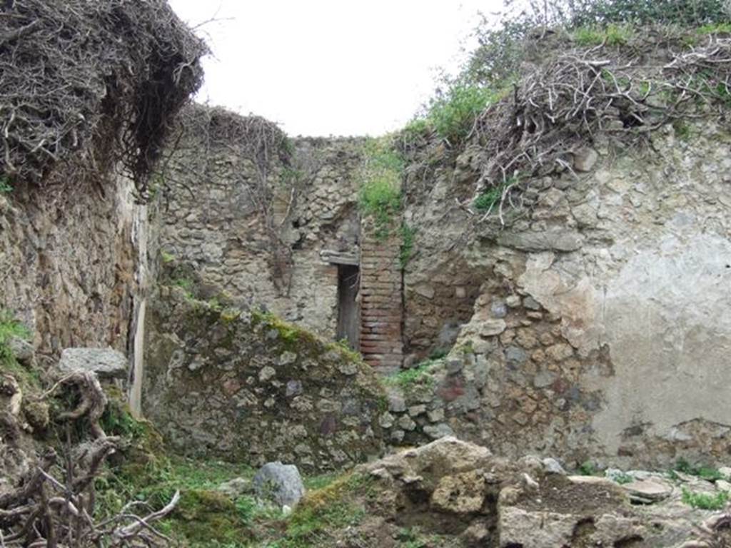VII.3.21 Pompeii. March 2009. Looking west towards garden area of VII.3.21. 
This is at the rear of the triclinium of VII.3.13, in the foreground. 
Apart from the garden area, there was also a small room or cupboard, kitchen and latrine.
According to Boyce –
in the east wall of the kitchen between the hearth and the latrine, was a small rectangular niche (h.0.28, w.0.25, d.0.17, h. above floor 1.20).
Inside the niche, its walls were coated with red stucco.
See Boyce G. K., 1937. Corpus of the Lararia of Pompeii. Rome: MAAR 14. (p. 64, no. 268)