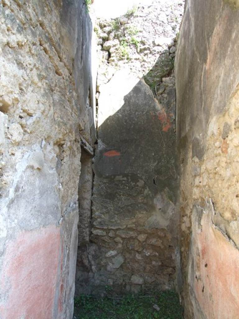 VII.3.29 Pompeii. March 2009. Room 12, corridor. Looking east. On the east side of the corridor was the garden area. According to Boyce, in the south-west corner of the portico of the garden was a semi-circular niche. Its vaulted ceiling was adorned with a painted shell. Painted on the wall above the niche was a pediment and below it a single serpent beside an altar. 
See Boyce G. K., 1937. Corpus of the Lararia of Pompeii. Rome: MAAR 14. (p.65, no: 270, Pl.4,1)