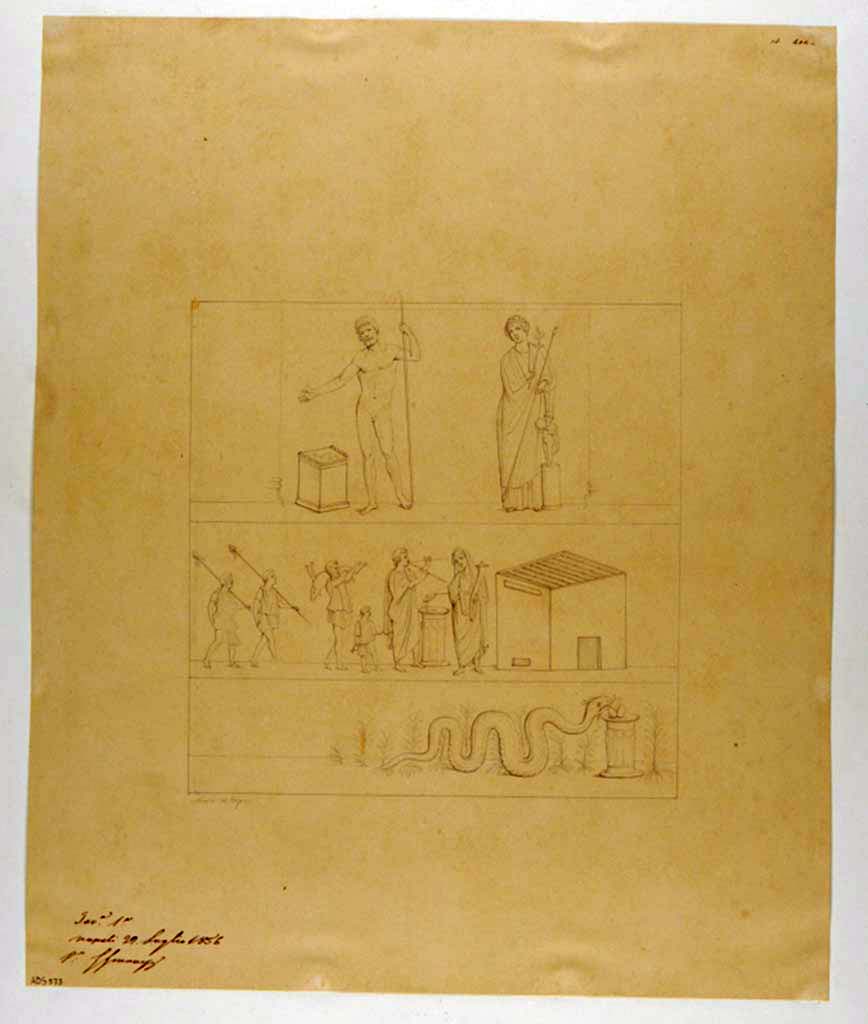 VII.4.20 Pompeii. Drawing by Nicola La Volpe of lararium painting from north wall of kitchen.
Nothing remains of the painting. 
Now in Naples Archaeological Museum. Inventory number ADS 573.
Photo © ICCD. http://www.catalogo.beniculturali.it
Utilizzabili alle condizioni della licenza Attribuzione - Non commerciale - Condividi allo stesso modo 2.5 Italia (CC BY-NC-SA 2.5 IT)
In the upper zone were Jupiter and Venus Pompeiana.  
In the middle zone was the sacrificial scene.  
In the lowest zone a single serpent approaches an altar from the left.
See Boyce G. K., 1937. Corpus of the Lararia of Pompeii. Rome: MAAR 14.  (271, p.65, Pl 18,2).