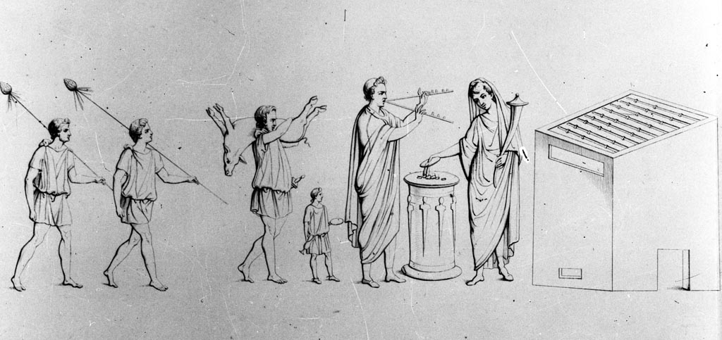 VII.4.20 Pompeii. W.16. About 1835. North wall of kitchen of dwelling house.  Sketch of Lararium painting middle zone with a sacrificial scene.
Photo by Tatiana Warscher. Photo © Deutsches Archäologisches Institut, Abteilung Rom, Arkiv. 
According to Fröhlich, on the far right of the more minimized middle zone appears a rectangular shape, a house or a large hearth. 
To the left of this is the Genius sacrificing at the round altar, to whom a procession of five people is approaching from the left: a large Tibicen in a white toga, a small Camillus in a white tunic, a Popa with a beard in a yellowish tunic, who is carrying a pig on his left shoulder, and finally two men, shouldering thyrsus-like staffs, in short tunics. 
See Fröhlich, T., 1991. Lararien und Fassadenbilder in den Vesuvstädten. Mainz: von Zabern, L83, p. 285-6, abb. 5 and 6.
See Real Museo Borbonico XI, Plate 37.