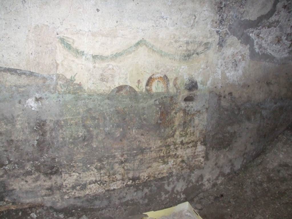 VII.4.31/51 Pompeii. March 2009. Room 27, east wall of cellar. Lararium painting, small niche, garland and serpent.
According to Fröhlich this had a few defects, moderately faded in places, very dirty in the lower part. 
There was a white painted wall surface with sacrificial plate. 
A big snake moves slightly ascending to the right. 
In the oblong hole under the head of the serpent destroyed today, a wooden sacrificial plate was certainly attached. 
The picture background is filled with small perennial plants and oleander-like shrubs, both with red flowers. 
At the upper edge two garlands are painted, over whose three attachment points in each case remnants of nails stuck in the wall, which apparently served for the attachment of real garlands.
See Fröhlich, T., 1991. Lararien und Fassadenbilder in den Vesuvstädten. Mainz: von Zabern, L86, p. 287.
According to Boyce – Helbig saw the remains of a fragmentary lararium painting with the figures of the Lares. (Helbig, 90).
See Boyce G. K., 1937. Corpus of the Lararia of Pompeii. Rome: MAAR 14, (p. 66, no. 278).
See Giacobello, F., 2008. Larari Pompeiani: Iconografia e culto dei Lari in ambito domestico. Milano: LED Edizioni, (p.194, no.79)