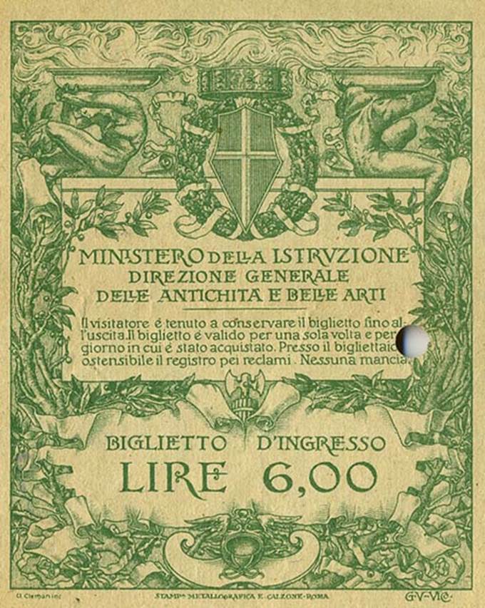 T.8. Pompeii entrance ticket dated 5 Aug 1924 on the rear. 
Entry fee was 6 Lire, a significant increase from the 2.50 Lire of the 1920 ticket.
Photo courtesy of Rick Bauer.