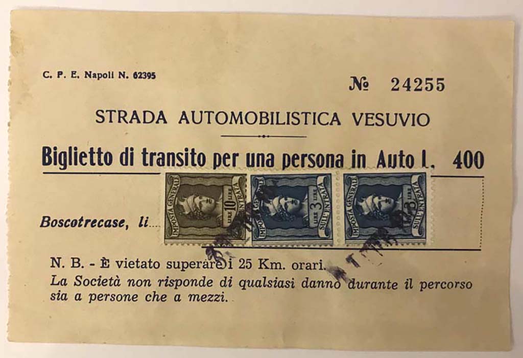 T.27D. 10th August 1973. Second ticket for Strada Automobilistica Vesuvio, possibly for passenger in the car with the first ticket?
Photo courtesy of Rick Bauer.