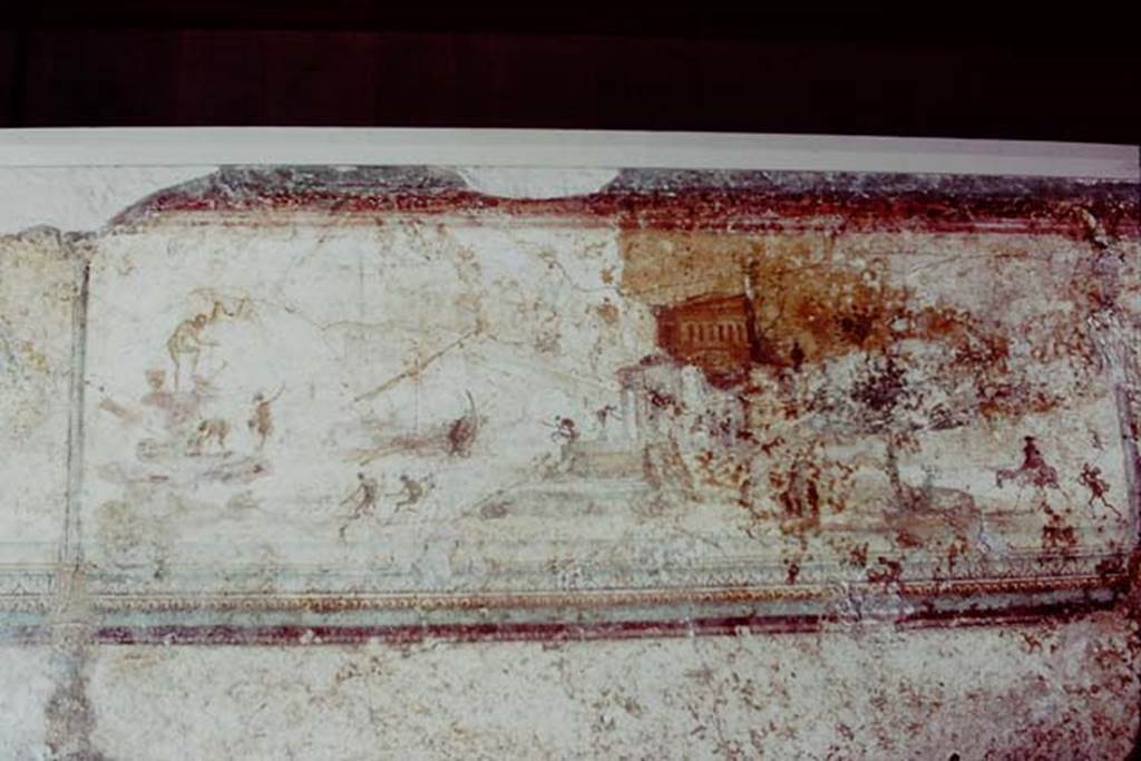 PA.1. This mystery painting has now been identified as part of the wall frieze from the Villa della Farnesina in Rome. Now in Museo Massimo Rome.
Our thanks to Florian Schmitt for his help identifying this.
1978. Photo by Stanley A. Jashemski.   
Source: The Wilhelmina and Stanley A. Jashemski archive in the University of Maryland Library, Special Collections (See collection page) and made available under the Creative Commons Attribution-Non Commercial License v.4. See Licence and use details.
J78f0214