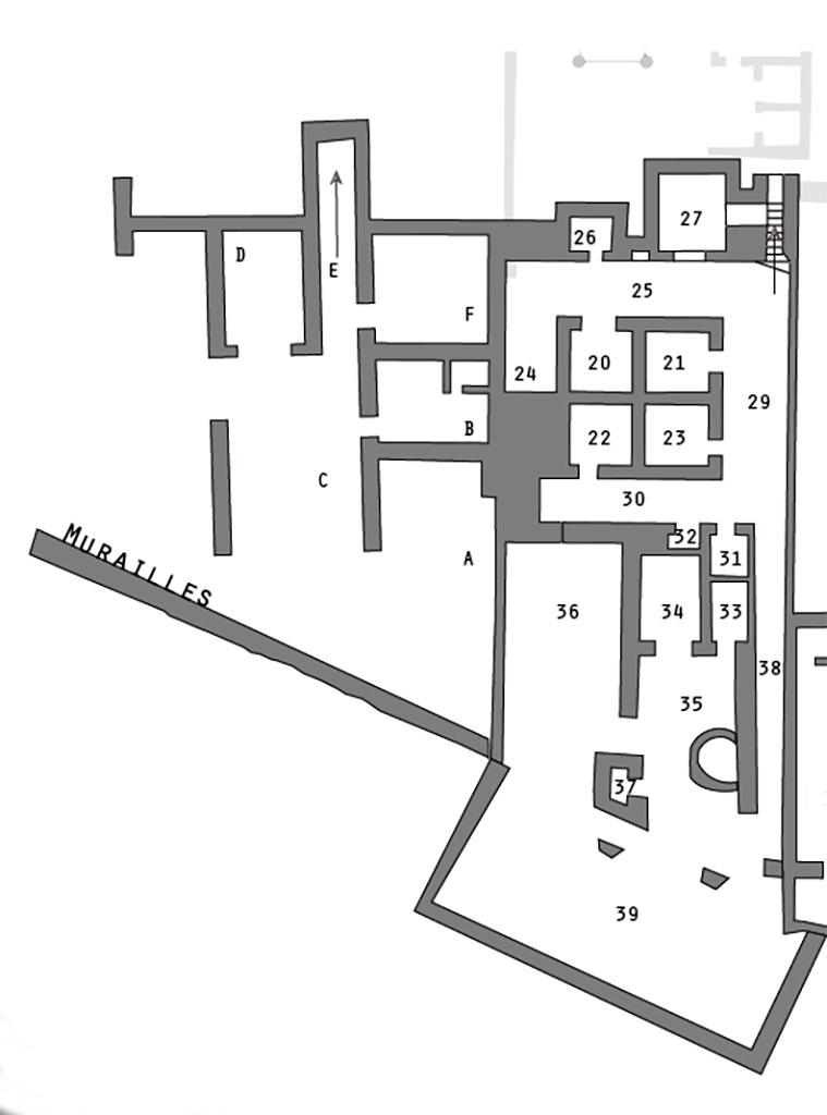 PA.7. VIII.2.A, on left of plan. Lower level 1, with rooms A to F on west side of room 36 (PPM: J) and cryptoporticus.
Plan courtesy of Sandra Zanella.