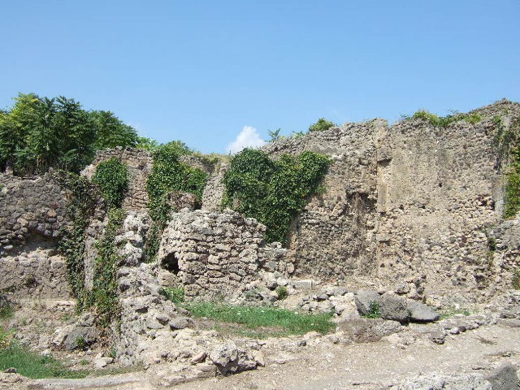 I.2.3 Pompeii. September 2005. South side of rear of house, kitchen area, (grassed area in centre of photo), from Vicolo del Conciapelle.