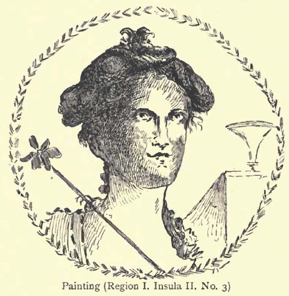 1.2.3 Pompeii. c.1900. Drawing by Pierre Gusman, medallion enclosed in circles of wreaths of leaves, showing a Bacchante with a vase on a base. 
Probably from the third cubiculum on the left of the atrium, (north side).
See Gusman P., 1900. Pompeii: The City, Its Life & Art. London: Heinemann, p. 370.