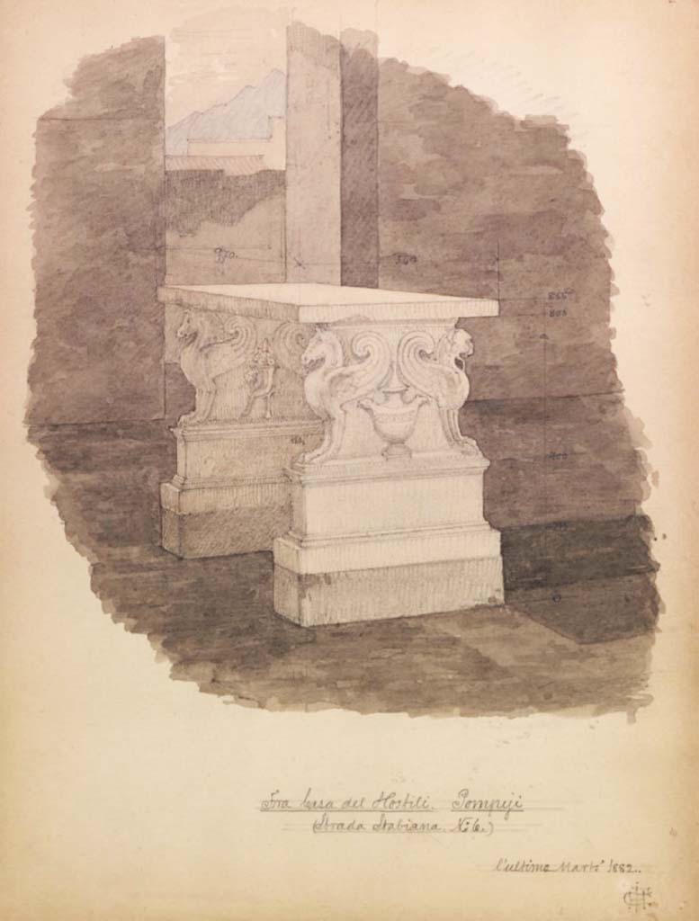 1.2.6 Pompeii. March 1882. Painting by Hector Estrup (1854-1904) from his 1882 Sketchbook, showing Table in atrium. 
See Skitsebog Hector Estrup (1854-1904) Italiensrejse 1882, p. 20. 
© Danmarks Kunstbibliotek, inventory number 52694.
http://kunstbib.dk/en/collections/sketchbooks/sketchbooks/000036205