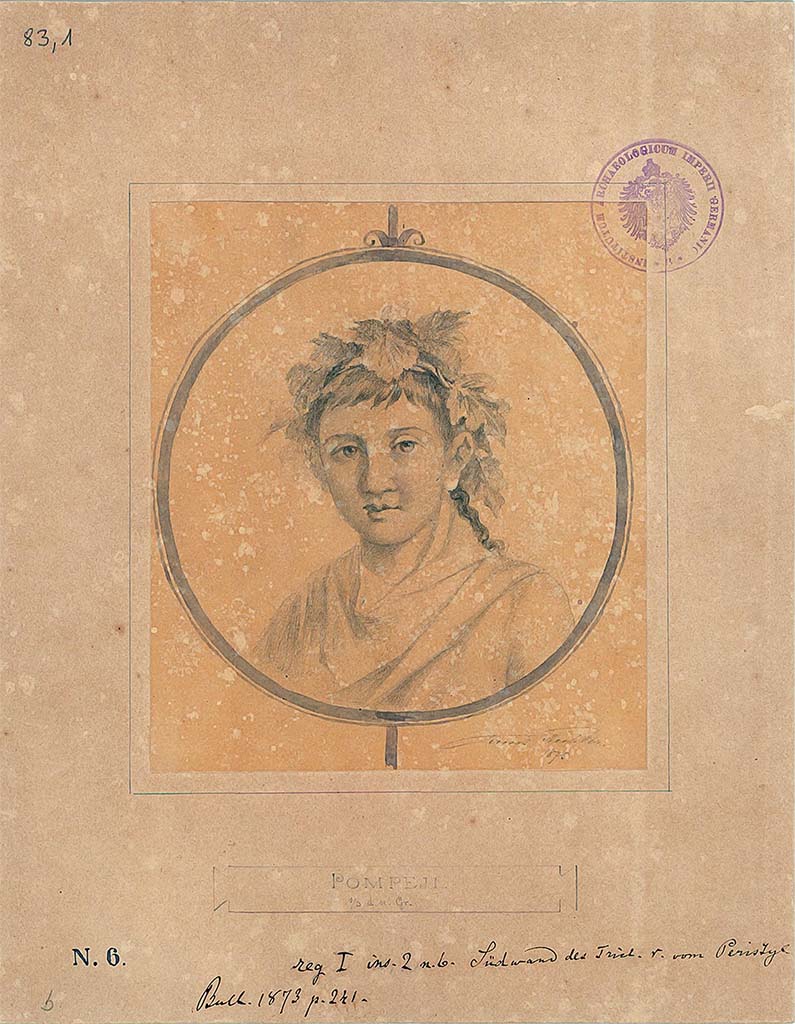I.2.6 Pompeii. 1875 drawing by E. Eichler of a medallion of a young person crowned with vine foliage. 
The drawing is titled “South wall of triclinium right from peristyle”.
PPM gives two possible locations, the second being this exedra at the side of the stairs on the opposite side of the peristyle.
DAIR 83,1. Photo © Deutsches Archäologisches Institut, Abteilung Rom, Arkiv. 
See Pappalardo, U., 2001. La Descrizione di Pompei per Giuseppe Fiorelli (1875). Napoli: Massa Editore. (p.35)
See Carratelli, G. P., 1990-2003. Pompei: Pitture e Mosaici: Vol. I. Roma: Istituto della enciclopedia italiana, p. 13.