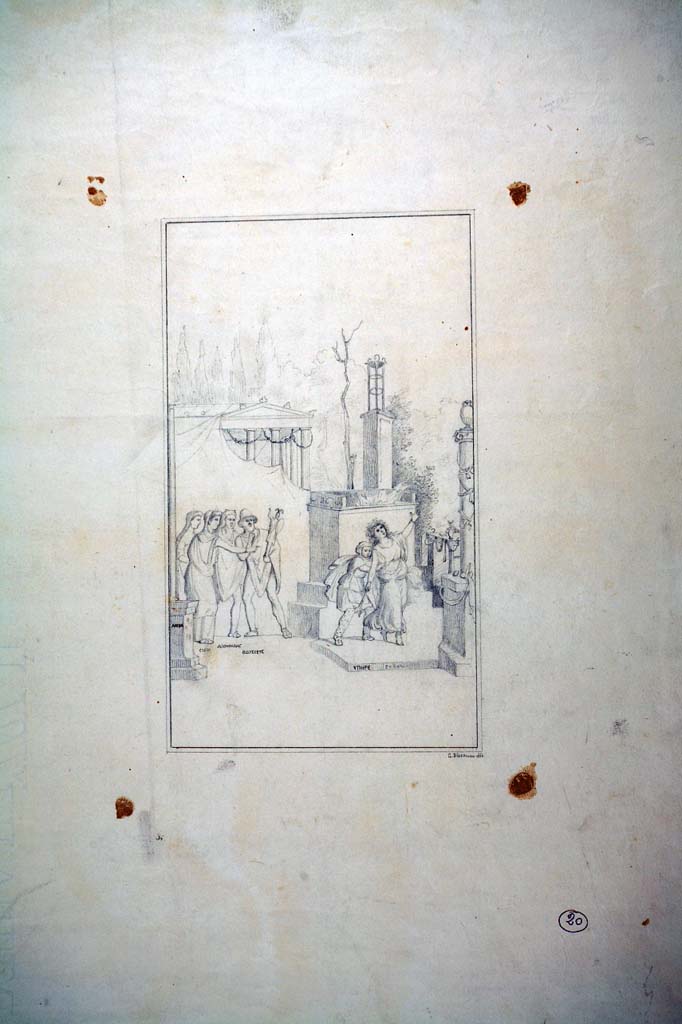 I.2.6 Pompeii. Triclinium. Drawing by Geremia Discanno, of the Theft of the Palladium (Ratto del Palladio).
See Sogliano, A., 1879. Le pitture murali campane scoverte negli anni 1867-79. Napoli: Giannini. (p. 114, no.580).
Now in Naples Archaeological Museum. Inventory number ADS 4.
Photo © ICCD. http://www.catalogo.beniculturali.it
Utilizzabili alle condizioni della licenza Attribuzione - Non commerciale - Condividi allo stesso modo 2.5 Italia (CC BY-NC-SA 2.5 IT)