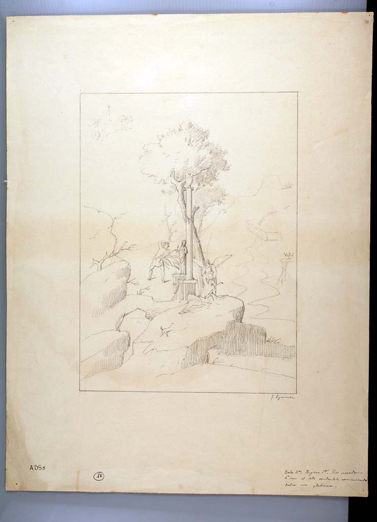 I.2.17 Pompeii. Drawing by G. Discanno of painting of Selene and Endymion set in a sacral-idyllic landscape.
Now in Naples Archaeological Museum. Inventory number ADS 5.
Photo © ICCD. http://www.catalogo.beniculturali.it
Utilizzabili alle condizioni della licenza Attribuzione - Non commerciale - Condividi allo stesso modo 2.5 Italia (CC BY-NC-SA 2.5 IT)