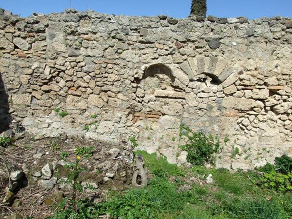 I.2.20 Pompeii.  March 2009.   North wall of garden area, with niche.
Under the niche was a painting of a big crested serpent, creeping through plants to an altar, on which were various fruits and a pine-cone. Above these, and at the sides of a terrestrial globe with a crescent moon and stars, were the figures of Bacchus and Fortuna.  Nothing remains today.
See Pappalardo, U., 2001. La Descrizione di Pompei per Giuseppe Fiorelli (1875). Napoli: Massa Editore. p.36