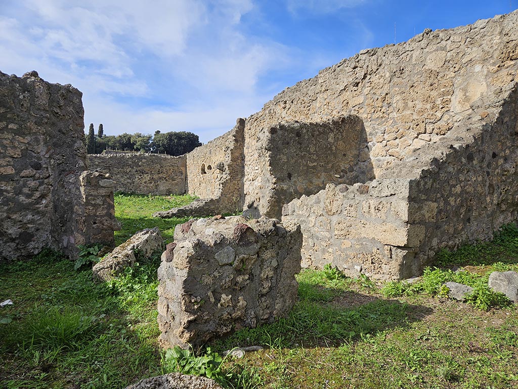 I.2.20 Pompeii. November 2024. 
Looking north-west from Vicolo, towards entrance doorway, centre right, with small room on north side, on right. 
Photo courtesy of Annette Haug.