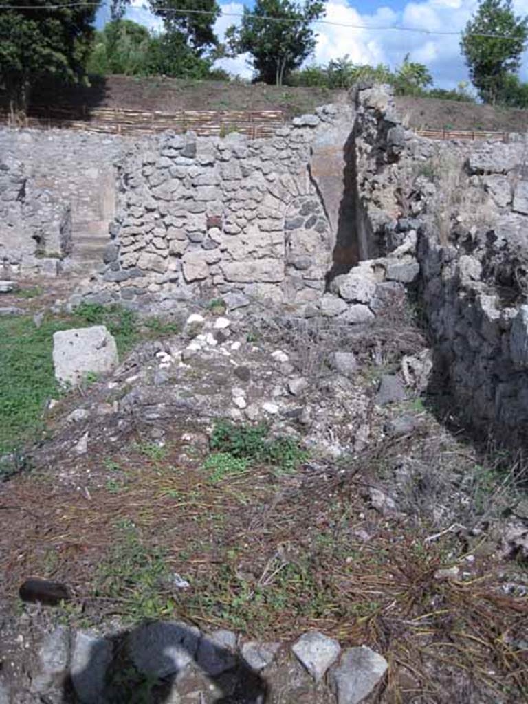 I.2.20 Pompeii. September 2010. Looking east across site of small room, along the south boundary towards the entrance.  Photo courtesy of Drew Baker.
According to Sogliano, in one of these rooms on the left of the viridarium, a painting was discovered but which was very destroyed, showing a flying figure carrying a cornucopia.
“I.2.20, stanza a sinistra del viridario, A.0.30 – Figura alata molto distrutta, che porta un cornucopia” – (Bull. Inst. 1873, p.247).
See Sogliano, A., 1879. Le pitture murali campane scoverte negli anni 1867-79. Napoli: Giannini. (p.73, no.444).