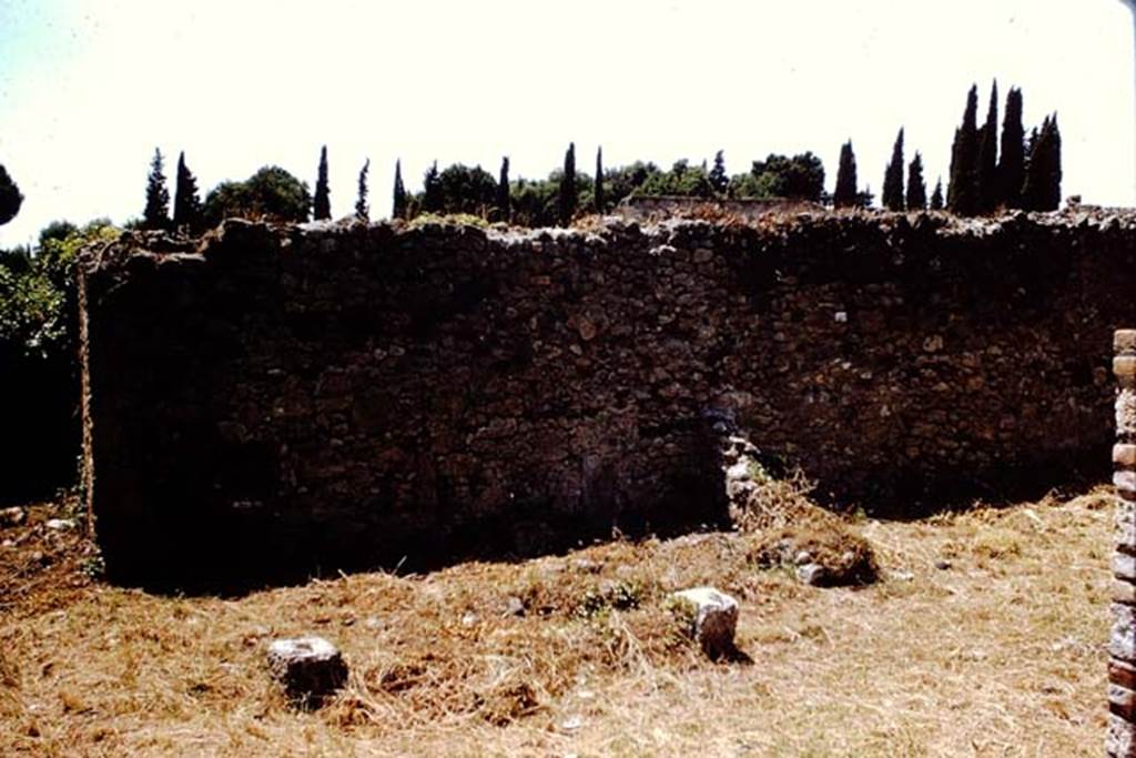 I.2.20 Pompeii. 1966. Looking towards west wall of garden area, with south side of biclinium still in situ. Photo by Stanley A. Jashemski.
Source: The Wilhelmina and Stanley A. Jashemski archive in the University of Maryland Library, Special Collections (See collection page) and made available under the Creative Commons Attribution-Non Commercial License v.4. See Licence and use details. J66f0216