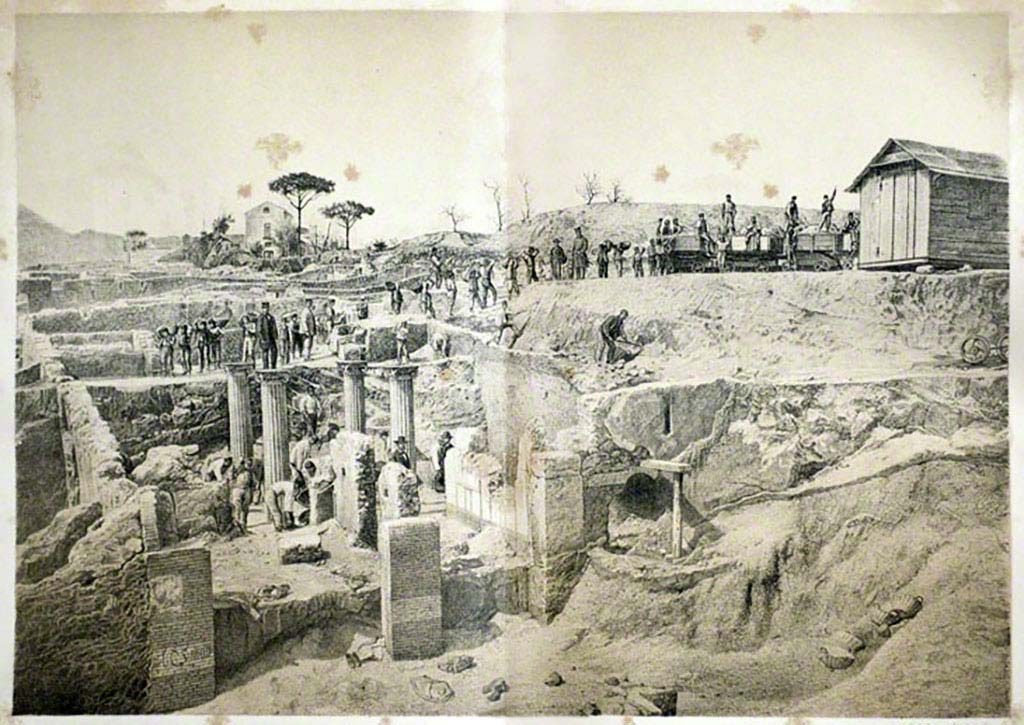 Vicolo del Conciapelle, north side, Pompeii. View of the excavations at Pompeii in May 1873.
Looking towards entrance doorways of I.2.29, on left, and I.2.28, in centre, and I.2.27 right with support during excavation.
See Overbeck J., 1875. Pompeji in seinen Gebäuden, Alterthümen und Kunstwerken. Leipzig: Engelmann, p. 34.