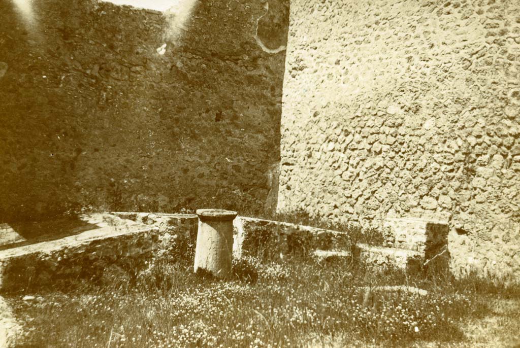 I.2.28 Pompeii. 1903. Looking west towards triclinium, and north-west corner.
Against the north wall was a small masonry podium, which, according to Jashemski, was reached by steps.
Photo by Esther Boise Van Deman © American Academy in Rome. VD_Archive_Ph_218.
Described as Triclinium and altar near Stabian Gate 1903.
See Jashemski, W. F., 1993. The Gardens of Pompeii, Volume II: Appendices. New York: Caratzas. (p.25)