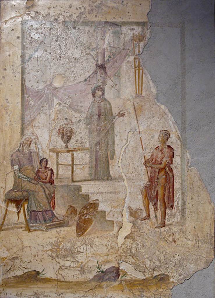 I.2.28 Pompeii.  Wall painting found in the large triclinium. Cassandra (centre) predicting the downfall of Troy. Priam was seated on the left, with Paris (holding the apple of discord) and a warrior leaning on a spear, presumably Hector. Now in Naples Archaeological Museum. Inventory number 111476.