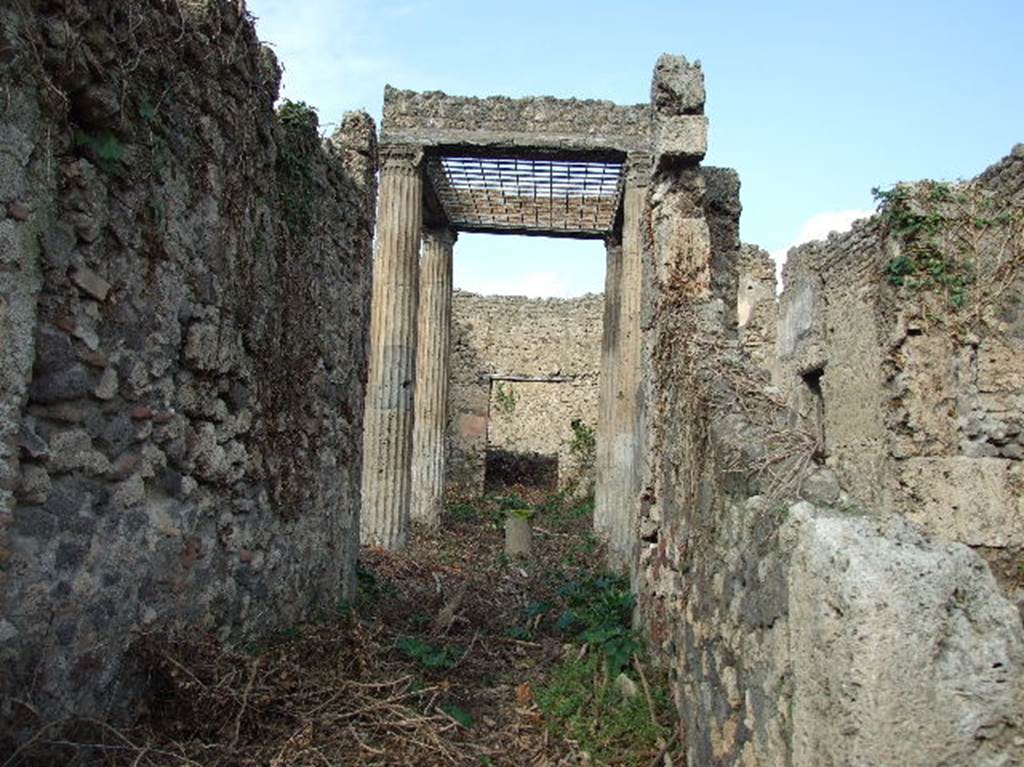 I.2.28 Pompeii. December 2006. Looking from entrance across atrium to the tablinum.
According to Warscher, quoting Mau in Bull. Inst. 1874, p.249-50, she wrote –
I.2.28 “L’atrium è tetrastylum, le colonne ioniche son di tufo, d’una forma piuttosto frequente in Pompei: ma in una epoca più trada fino all’altezza di m. 1,75 sono state rivestite di stucco senza scannellatura. L’epistilio è formato di travi che portano mattoni, e l’apertura quadrata fra le colonne, il compluvium era chiuso per mezzo d’un’inferriata, di cui si trovavano avanzi e che adesso è stato rimpiazzata di nuovo. La decorazione è semplice: scompartimenti rossi intermediati da altri stretti e neri: quello in mezzo alla parete è trattato a guisa di una nicchia, quasi per ricevere un quadro. In fondo all’atrio c’è in tablino (d) e due camere (c, e). Quella a sinistra (c ) era decorata dell’opus marmoratum, e allora la camera era alta e coperta a volta. Più tardi fu abbassata la soffitta e la camera ricevette una decorazione rossa, nella quale prevale il bianco: vi sono que’piccoli quadretti rappresentanti uccelli, vasi con rami appoggiativi, ecc. La decorazione del tablino rassomiglia a quella dell’atrio: sulle pareti laterali è dipinto un cervo che inseguito da un cane salta sopra un cancello. Accanto vi sta un’anfora sopra un base, e sull’una parete ancora un gran vaso al quale è poggiato un cerchio. Nel muro di fondo in mezzo vi è una porta che dà sul peristilio………..
See Warscher T., 1935. Codex Topographicus Pompeianus: Regio I.2. Rome: DAIR, whose copyright it remains.
(translation: I.2.28: “The atrium was tetrastyle, the ionic columns were of tufa, of a form found rather frequently in Pompeii: but in a later time, up to a height of 1.75 m had been covered with stucco without fluting. The frieze was composed of beams that carried masonry, and the square opening between the columns, the impluvium was closed by means of a grating, of which remains were found and that now had been replaced by new. The decoration was simple: red compartments interjected by other narrow and black compartments: that in the middle of the wall was treated in the guise of a niche, almost to receive a picture. At the back of the atrium, there was a tablinum (d) and two rooms (c, e). The one on the left (c) was decorated with opus marmoratum, and the room was high and covered with a vault. Later the ceiling was lowered and the room received a red decoration, where white prevailed: there were small paintings representing birds, pots with branches, etc. The decoration of the tablinum resembled that of the atrium: on the side walls a deer being chased by a dog jumping over a gate was painted. Nearby there was an amphora on a base, and on one wall was still a large pot placed in a circle.  In the middle of the wall at the rear, there was a door overlooking the peristyle ... “).