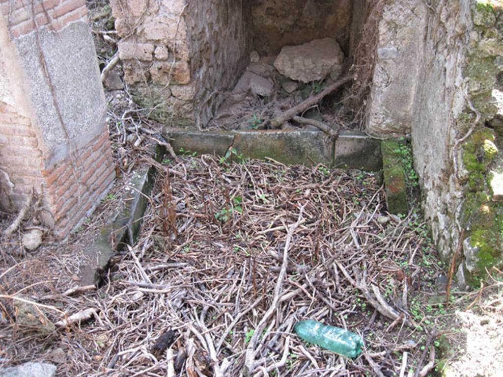 I.3.3 Pompeii. September 2010. Subterranean Level, looking south towards the area on the east side of the steps, and detail of basin. Photo courtesy of Drew Baker.
Mau described the basin, as “not very deep and lined with tufa”. According to Mau, “it was not easy to define these rooms with certainty. It was not a bath, but it would be possible, and I am disposed to think it, that here one did the laundry”.  See Mau, A, in BdI 1874, (p.180)
According to Fiorelli, “there was the staircase that led to the peristyle, but half way up one meets a short descent, that led to a complex of small rooms destined perhaps to be the bath, in the first of which we have a tank that takes water from the peristyle thanks to a tube (pipe) of lead”. See Pappalardo, U., 2001. La Descrizione di Pompei per Giuseppe Fiorelli (1875). Napoli: Massa Editore. (p.38)