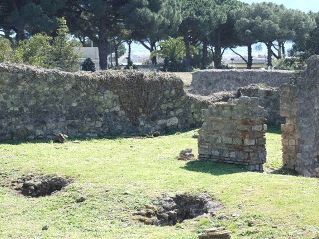 1.3.3 Pompeii. March 2009. 
Looking south-west towards west portico and large exedra or triclinium in south-west corner of peristyle.
According to Fiorelli, “To the right of the staircase was located a spacious oecus, situated above the second of the indicated triclinia, afterwards comes a corridor with a sloping floor, that was above the other corridor on the first (lower) floor carrying the pavements of the roof to the rooms on the south side of the atrium. At the end we have a beautiful exedra, with its flooring existing still, above the storerooms and the kitchen of the first (lower) floor”. 
Mau described the square room in the south-west corner as a triclinium. Its floor was white mosaic, the walls were decorated in black with architectural motifs in the Third Style.
He described a painting (partly destroyed when excavated) as -. 
“In the same house in a triclinium beside the peristyle are remains of a picture: you see two headless figures and part of the upper chest of the man.
On the left was a man of heroic stature and brown complexion, wearing a purple cloak.
The right hand was raised, and the left had apparently pulled the cloak next to the thigh, ready to move away from a woman, to whom he had apparently spoken.
The woman was dressed in a tunic of blueish-grey with a brownish cloak that with both hands she pulled across her chest, so that her arms were hidden.
Probably the scene was Hippolytus and the nurse.
The raised right arm of Hippolytus expressed disgust and rejection.   
See Mau in BdI 1873, p237.
See Pappalardo, U., 2001. La Descrizione di Pompei per Giuseppe Fiorelli (1875). Napoli: Massa Editore. (p.38)
According to Sogliano, found in a room on the west side of the peristyle were –
(p.141, no.685)  – on a white background, a landscape with trees surrounded by ribbons.........
(p.159, no.826)  – a female figure
(p.100, no.542)  – Hippolytus and Phaedra (only a fragment and much damaged)
See Sogliano, A., 1879. Le pitture murali campane scoverte negli anni 1867-79. Napoli: Giannini.