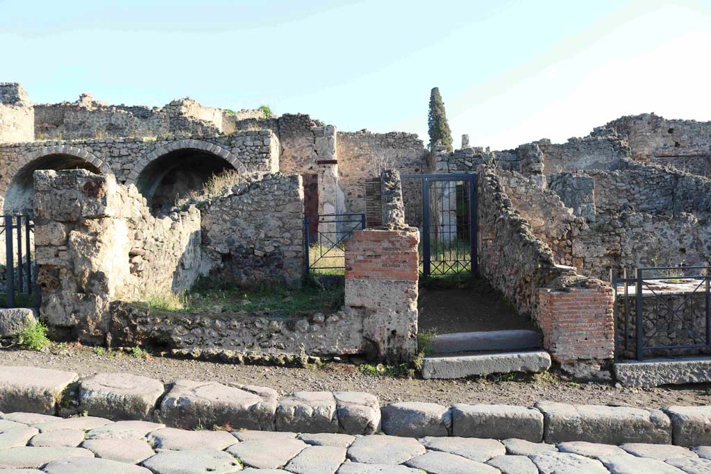 I.3.4 Pompeii. December 2018. 
Looking east across Via Stabiana towards entrance doorways, I.3.4, centre left. Photo courtesy of Aude Durand.