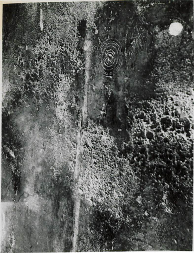 I.3.13/14 Pompeii. 1935 photograph taken by Tatiana Warscher. Graffiti in concentric circles.
See Warscher, T, 1935: Codex Topographicus Pompejanus, Regio I, 3: (no.30), Rome, DAIR, whose copyright it remains.  
According to Warscher, I.3.13/14 “Questo genere di graffito ricorre abbastanza spesso a Pompei – per il momento ricordo: nella casa di Castore e Polluce, in quella degli Scienziati e in quella di Apollo”.  (translation: Such graffiti occurs quite often in Pompeii – for now I remember: the House of Castor and Pollux, in that of the Scienziati and in that of Apollo ".)