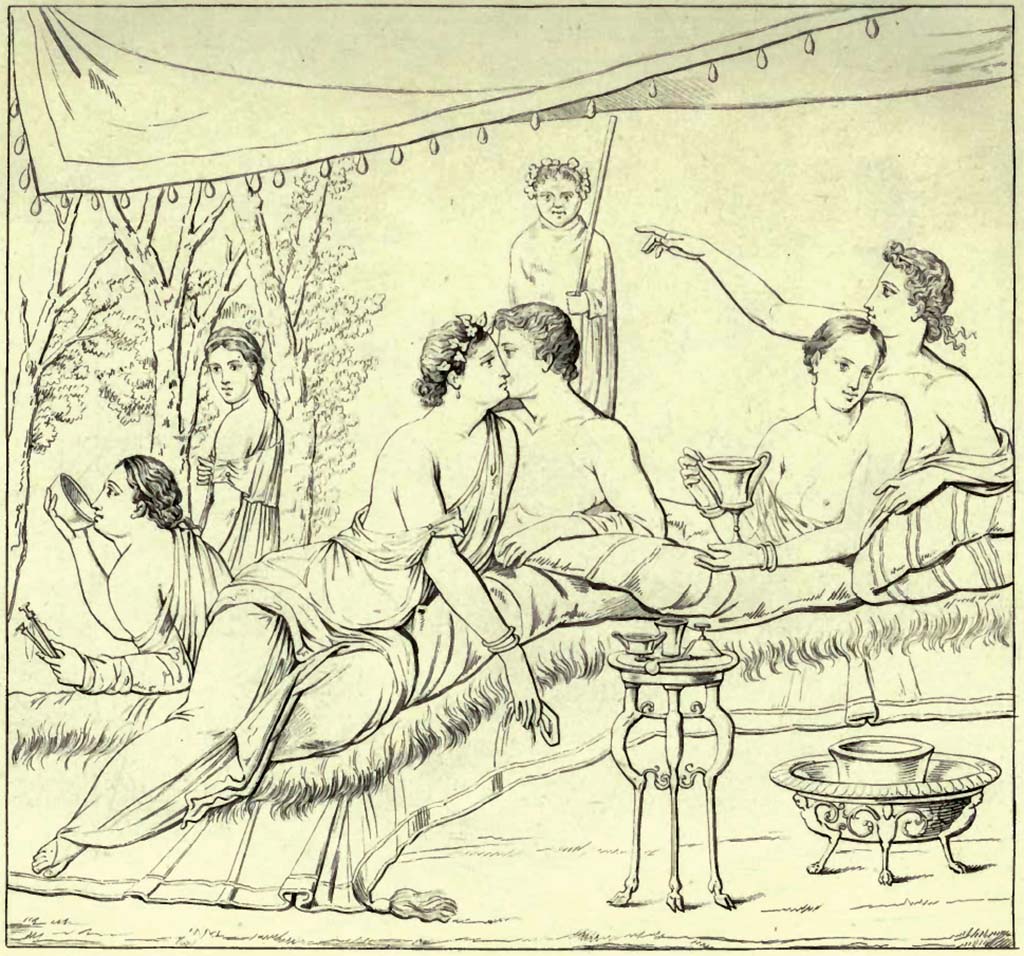 I.3.18 Pompeii. Pre-1843. Drawing by Abbate of banqueting scene.
Original painting now in Naples Archaeological Museum. Inventory number 9015.
See Raccolta de più interessante Dipinture e di più belle Musaici rinvenuti negli Scavi di Ercolano, di Pompei, e di Stabia. 1843. Napoli.
