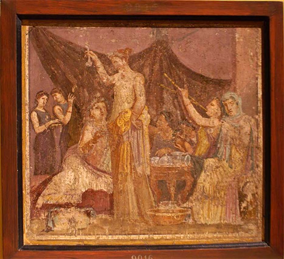 I.3.18 Pompeii. Wall painting of a women’s banquet scene.
Now in Naples Archaeological Museum.  Inventory number 9016.
According to Richardson, the above painting was found with another banquet scene, inventory number 9015.
See Richardson, L., 2000. A Catalog of Identifiable Figure Painters of Ancient Pompeii, Herculaneum. Baltimore: John Hopkins, (p.120)