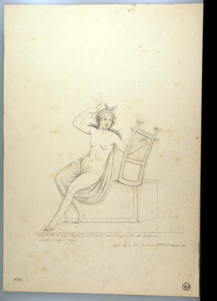 I.3.22 Pompeii. Drawing by Nicola La Volpe, 1870, of painting of Apollo, from west wall found under the lararium painting.
See Sogliano, A., 1879. Le pitture murali campane scoverte negli anni 1867-79. Napoli: Giannini. (p.26, no.100).
Now in Naples Archaeological Museum. Inventory number ADS 7.
Photo © ICCD. http://www.catalogo.beniculturali.it
Utilizzabili alle condizioni della licenza Attribuzione - Non commerciale - Condividi allo stesso modo 2.5 Italia (CC BY-NC-SA 2.5 IT)