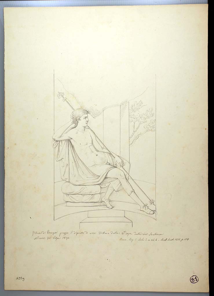 I.3.25 Pompeii. Drawing by Nicola La Volpe, 1870, of painting seen in centre of east wall of oecus.
See Sogliano, A., 1879. Le pitture murali campane scoverte negli anni 1867-79. Napoli: Giannini. (p.38, no.156, described as young Dionysus)
Now in Naples Archaeological Museum. Inventory number ADS 9.
Photo © ICCD. http://www.catalogo.beniculturali.it
Utilizzabili alle condizioni della licenza Attribuzione - Non commerciale - Condividi allo stesso modo 2.5 Italia (CC BY-NC-SA 2.5 IT)