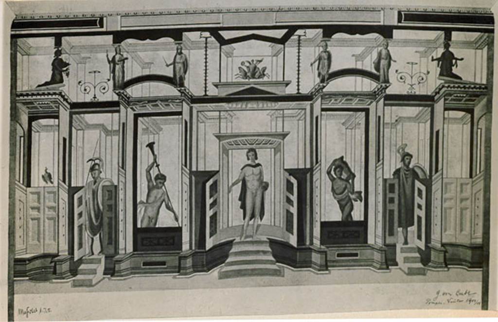I.3.25 Pompeii. 1935 photograph taken by Tatiana Warscher. According to Warscher, not having found a photograph of the walls of this room, she included a reproduction of the design from G. von Cube, the author of the study published in his article entitled “Die romische Scenae Frons”, Tavola II, p.22
See Warscher, T, 1935: Codex Topographicus Pompejanus, Regio I, 3: (no.70), Rome, DAIR, whose copyright it remains.