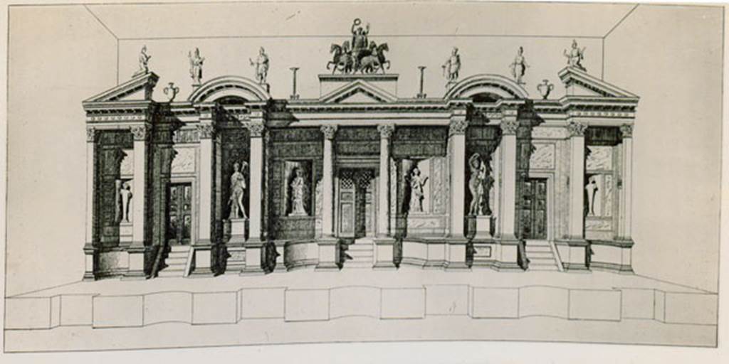 I.3.25 Pompeii. 1935 photograph taken by Tatiana Warscher of a reproduction of the reconstruction of the “Scenae Frons”. (Tavola III, p.23)
See Warscher, T, 1935: Codex Topographicus Pompejanus, Regio I, 3: (no.71), Rome, DAIR, whose copyright it remains.