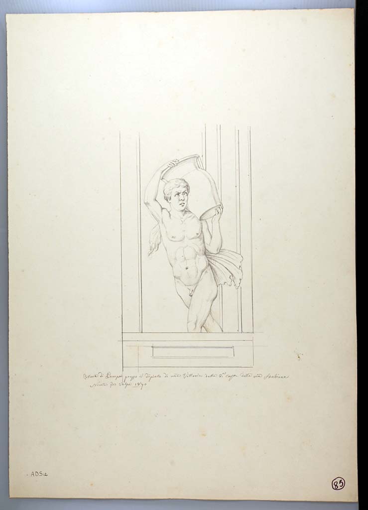 I.3.25 Pompeii. 1870 drawing by Nicola La Volpe of figure on west side of central figure on south wall.
See Sogliano, A., 1879. Le pitture murali campane scoverte negli anni 1867-79. Napoli: Giannini. (p.43, no.187, perhaps a Satyr carrying a vase.)
Now in Naples Archaeological Museum. Inventory number ADS 12.
Photo © ICCD. http://www.catalogo.beniculturali.it
Utilizzabili alle condizioni della licenza Attribuzione - Non commerciale - Condividi allo stesso modo 2.5 Italia (CC BY-NC-SA 2.5 IT)