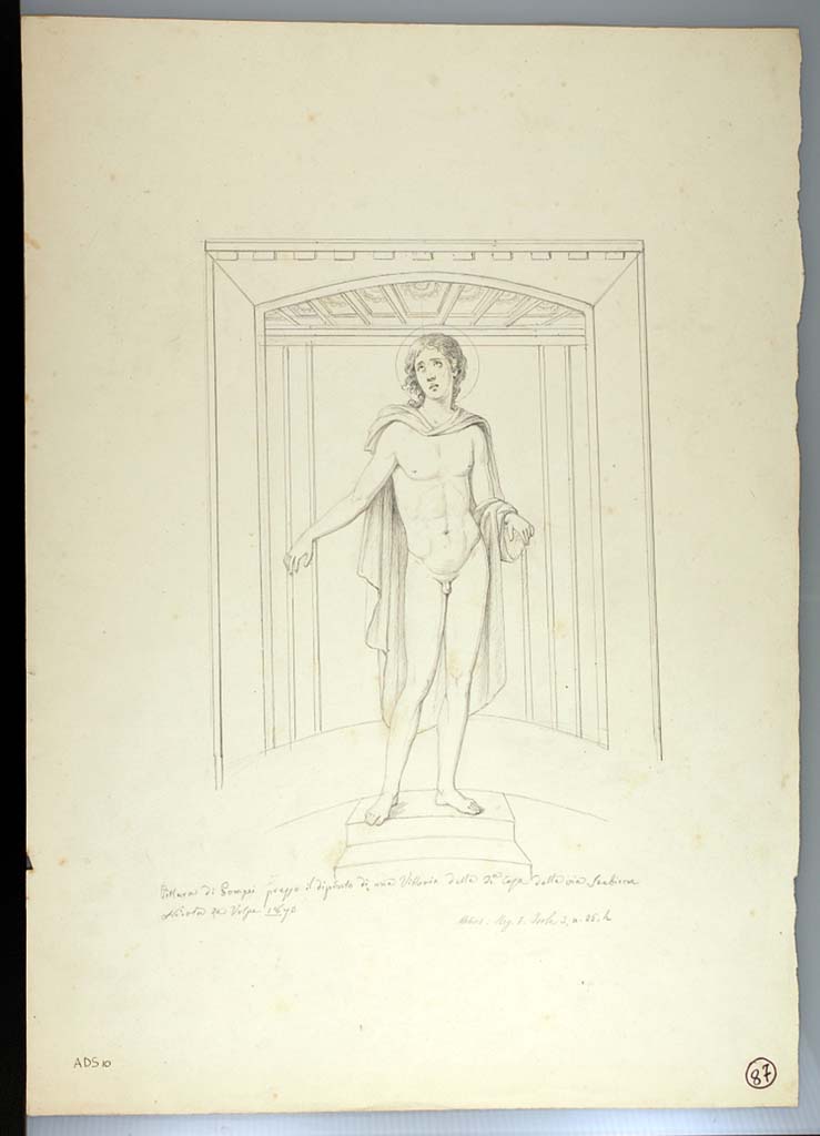 I.3.25 Pompeii. 1870 drawing by Nicola La Volpe of central painting of Hesperus from south wall. 
See Sogliano, A., 1879. Le pitture murali campane scoverte negli anni 1867-79. Napoli: Giannini. (p.74, no.455, described as Helios).
Now in Naples Archaeological Museum. Inventory number ADS 10.
Photo © ICCD. http://www.catalogo.beniculturali.it
Utilizzabili alle condizioni della licenza Attribuzione - Non commerciale - Condividi allo stesso modo 2.5 Italia (CC BY-NC-SA 2.5 IT)