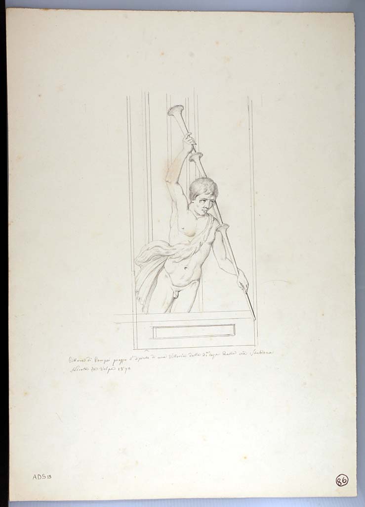 I.3.25 Pompeii. South wall of oecus, on east side of central painting. 
1870 drawing by Nicola La Volpe of a carrier of a torch seen in the architecture.
See Sogliano, A., 1879. Le pitture murali campane scoverte negli anni 1867-79. Napoli: Giannini. (p.43, no.186, described as a Satyr).
Now in Naples Archaeological Museum. Inventory number ADS 13.
Photo © ICCD. http://www.catalogo.beniculturali.it
Utilizzabili alle condizioni della licenza Attribuzione - Non commerciale - Condividi allo stesso modo 2.5 Italia (CC BY-NC-SA 2.5 IT)