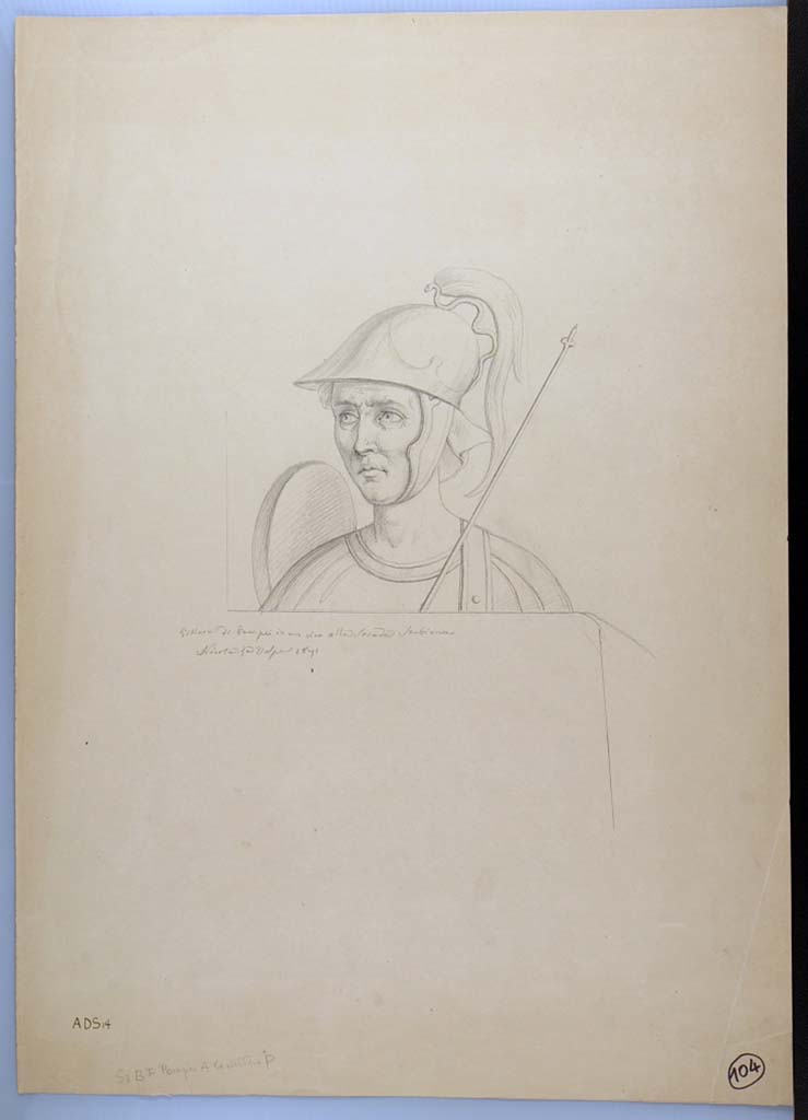 I.3.25 Pompeii. 1870 drawing by Nicola La Volpe of an armed soldier with helmet, shield and lance.
From east side of south wall of oecus.
See Sogliano, A., 1879. Le pitture murali campane scoverte negli anni 1867-79. Napoli: Giannini. (p.152, no.767).
Now in Naples Archaeological Museum. Inventory number ADS 14.
Photo © ICCD. http://www.catalogo.beniculturali.it
Utilizzabili alle condizioni della licenza Attribuzione - Non commerciale - Condividi allo stesso modo 2.5 Italia (CC BY-NC-SA 2.5 IT)