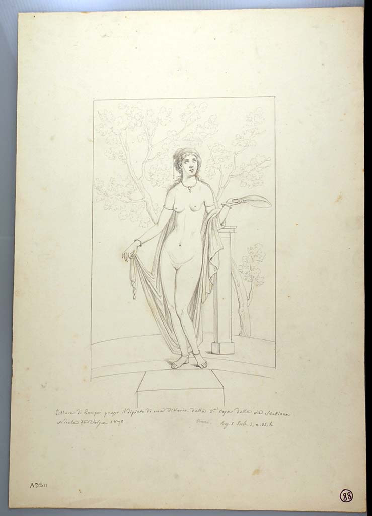 I.3.25 Pompeii. 1870 drawing of Aphrodite by Nicola La Volpe from centre of west wall in oecus. 
See Sogliano, A., 1879. Le pitture murali campane scoverte negli anni 1867-79. Napoli: Giannini. (p.32, no.127).
Now in Naples Archaeological Museum. Inventory number ADS 11.
Photo © ICCD. http://www.catalogo.beniculturali.it
Utilizzabili alle condizioni della licenza Attribuzione - Non commerciale - Condividi allo stesso modo 2.5 Italia (CC BY-NC-SA 2.5 IT)